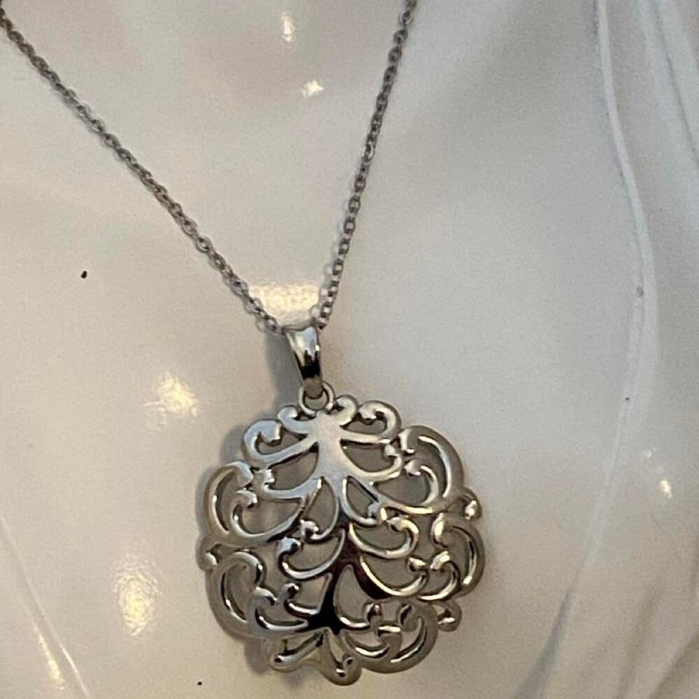 Large Openwork Scroll Silver Tone Pendant Necklace on Stainless Steel Chain